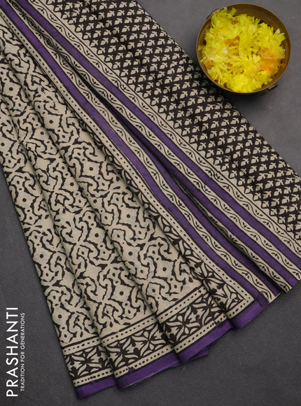 Jaipur cotton partly saree beige and purple with allover prints and printed border