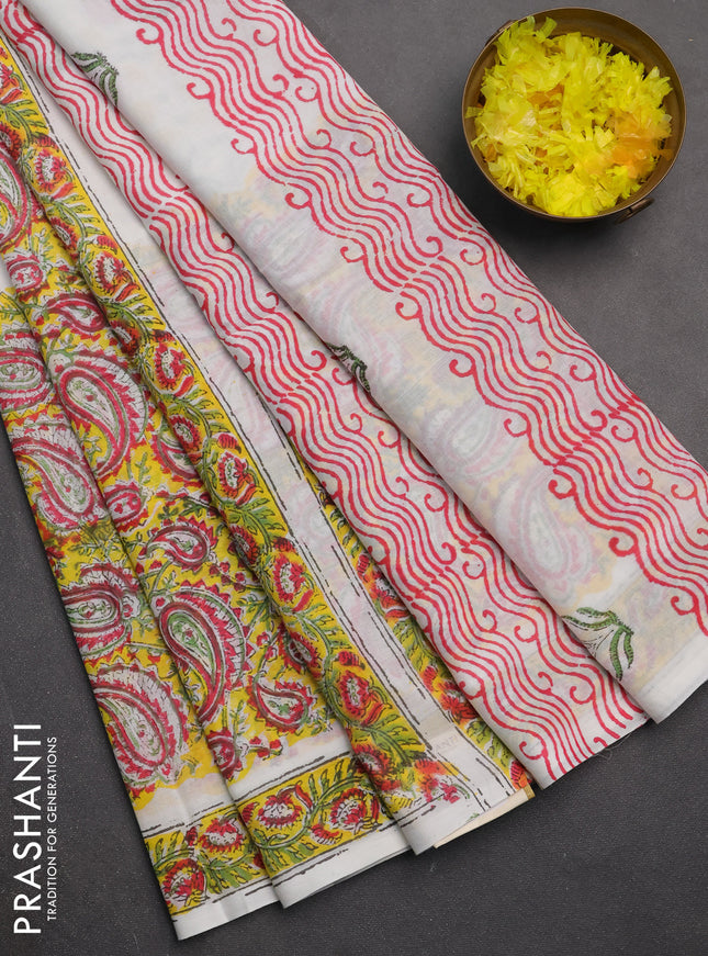 Jaipur cotton saree off white yellow and off white red with allover paisley prints and floral printed border