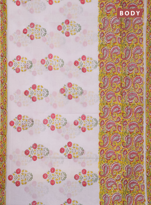 Jaipur cotton saree off white yellow and off white red with allover paisley prints and floral printed border