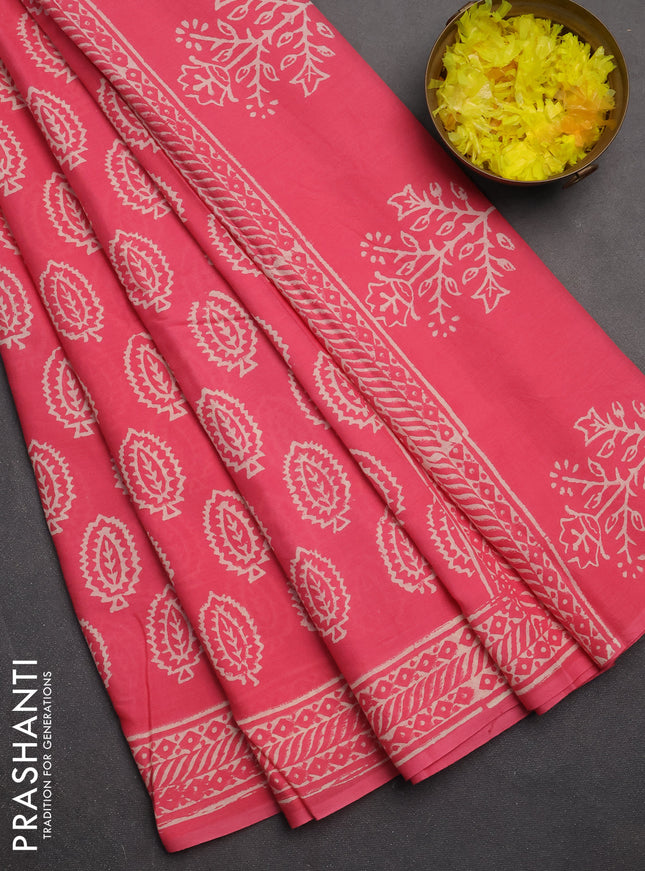 Jaipur cotton saree peach pink with allover butta prints and printed border