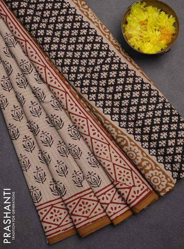Jaipur cotton saree beige with allover butta prints and printed border