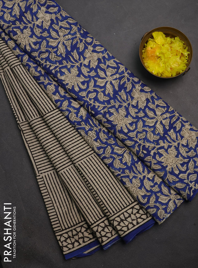 Jaipur cotton saree beige and blue with allover geometric prints and printed border