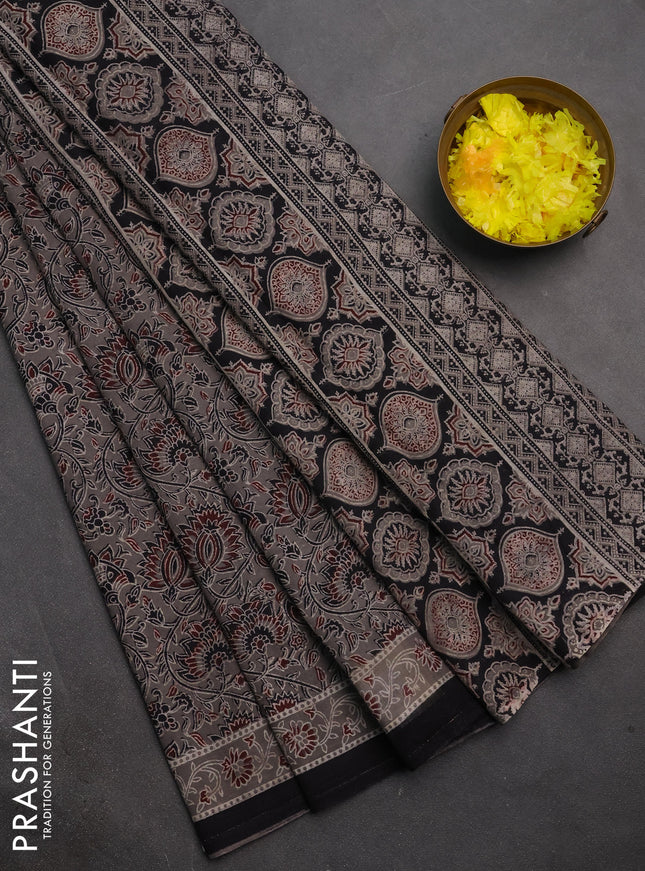 Jaipur cotton saree grey and black with allover kalamkari prints and printed border