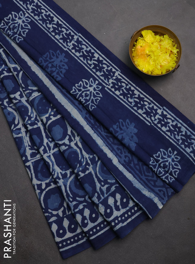 Jaipur cotton saree indigo blue with allover dabu prints and printed border