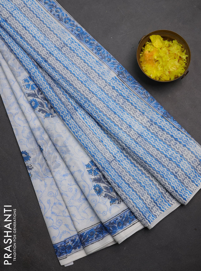 Jaipur cotton saree off white and blue with butta prints and printed border