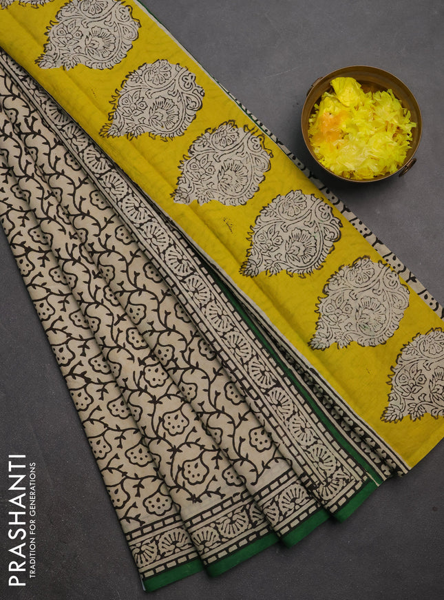 Jaipur cotton saree beige and green with allover prints and printed border