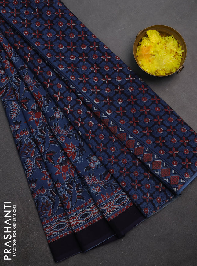 Jaipur cotton saree blue and navy blue with allover kalamkari prints and printed border