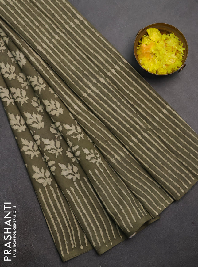 Jaipur cotton saree olive green with allover butta prints and printed border