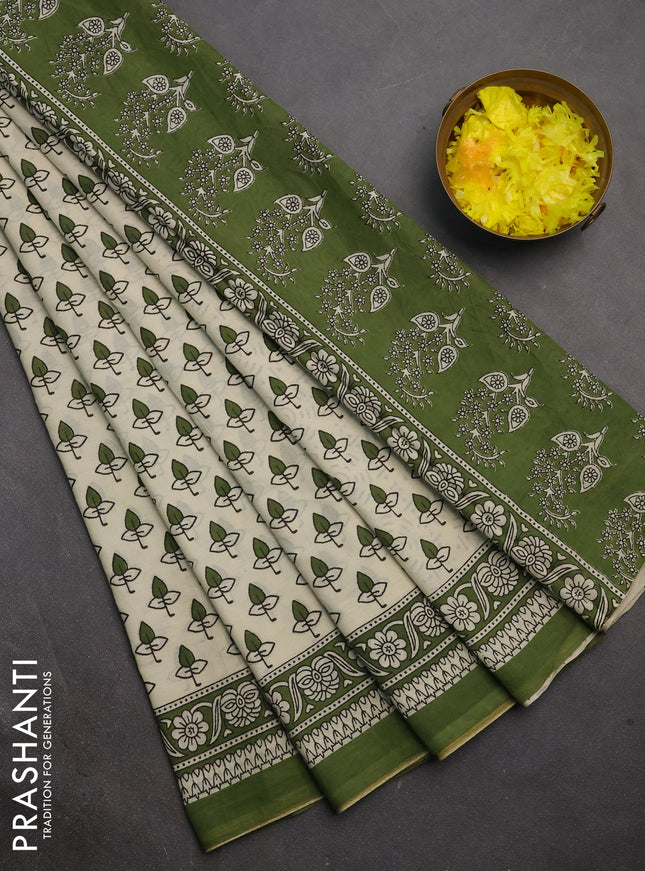 Jaipur cotton saree off white and mehendi green with allover butta prints and printed border