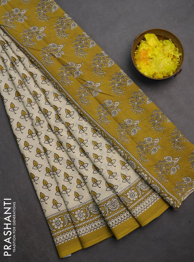 Jaipur cotton saree beige and mustard green with allover butta prints and printed border