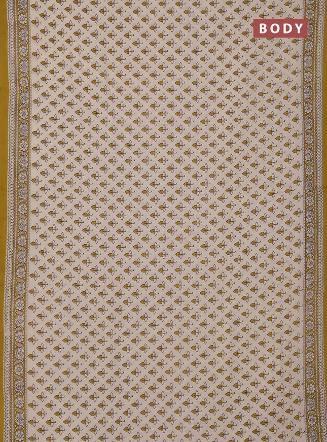Jaipur cotton saree beige and mustard green with allover butta prints and printed border