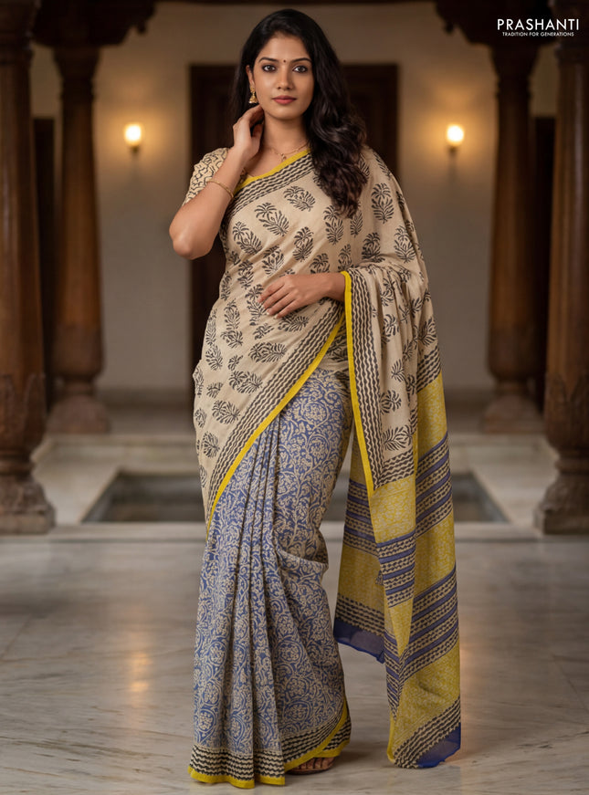 Jaipur cotton partly saree beige and mustard yellow with allover butta prints and printed border