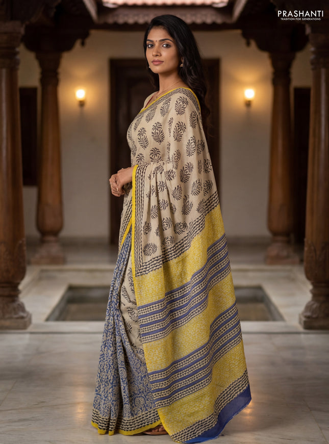 Jaipur cotton partly saree beige and mustard yellow with allover butta prints and printed border