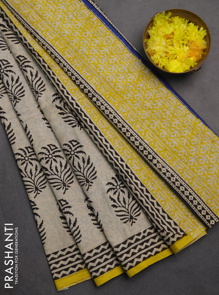 Jaipur cotton partly saree beige and mustard yellow with allover butta prints and printed border