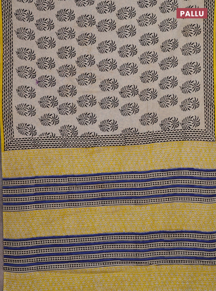 Jaipur cotton partly saree beige and mustard yellow with allover butta prints and printed border