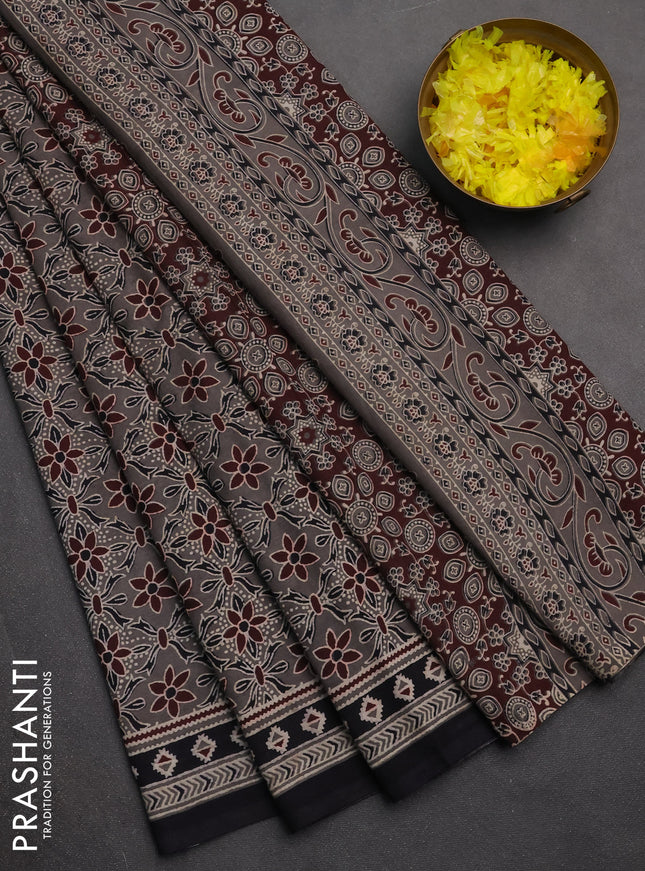 Jaipur cotton saree grey shade and black with allover ajrakh prints and printed border
