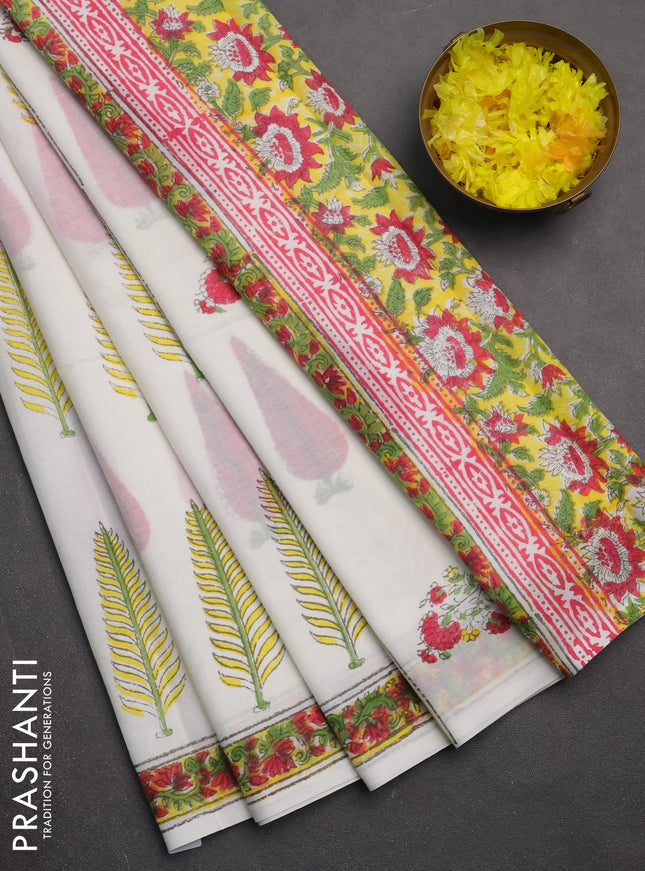 Jaipur cotton saree off white and red with allover butta prints and printed border