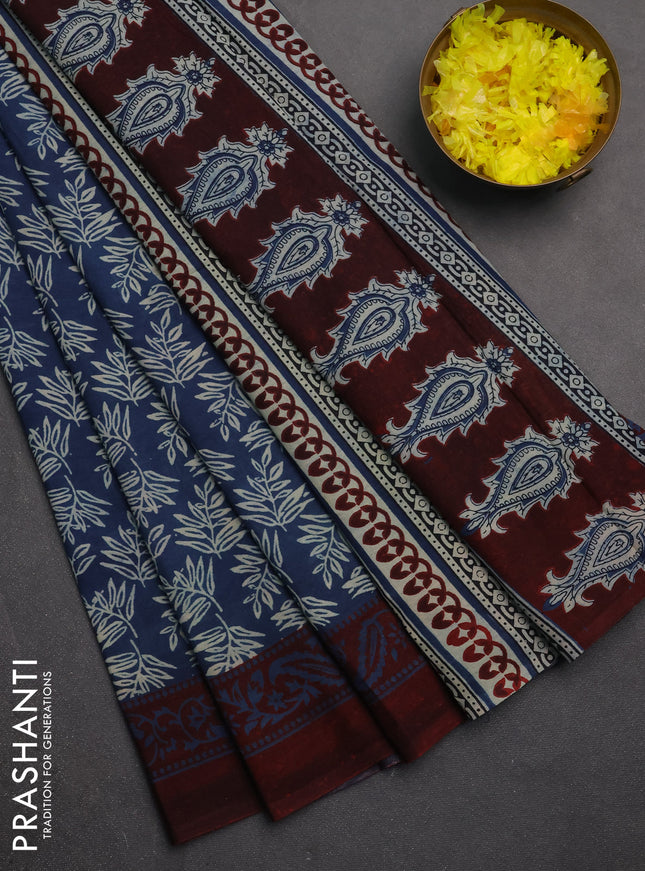 Jaipur cotton saree blue and deep maroon with allover butta prints and printed border