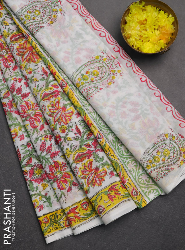 Jaipur cotton saree off white and red with allover kalamkari prints and printed border