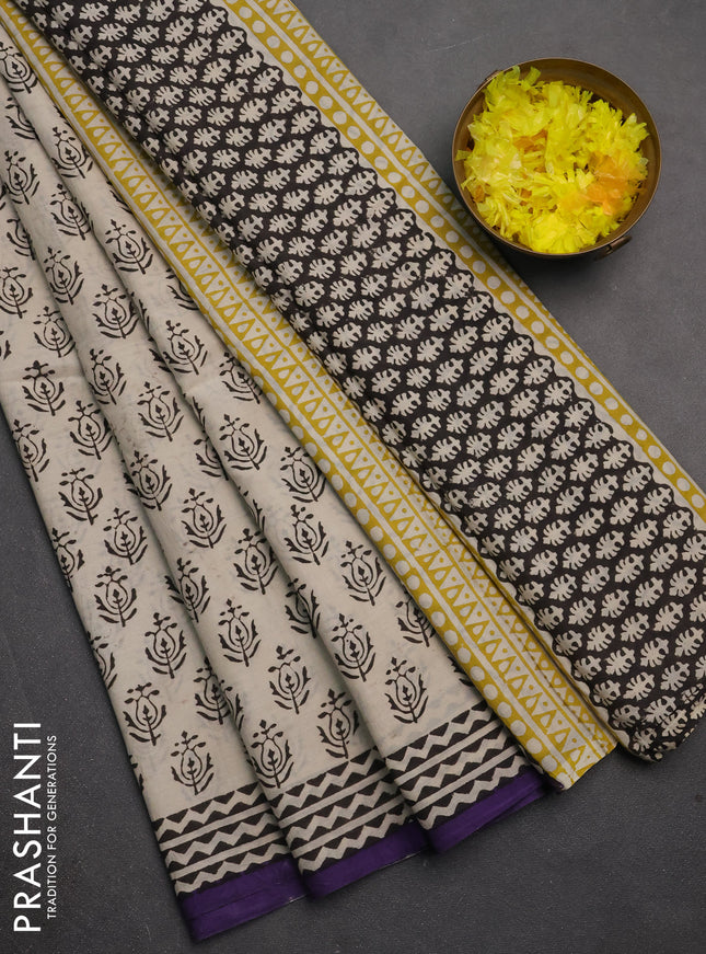 Jaipur cotton saree beige and violet with allover butta prints and printed border