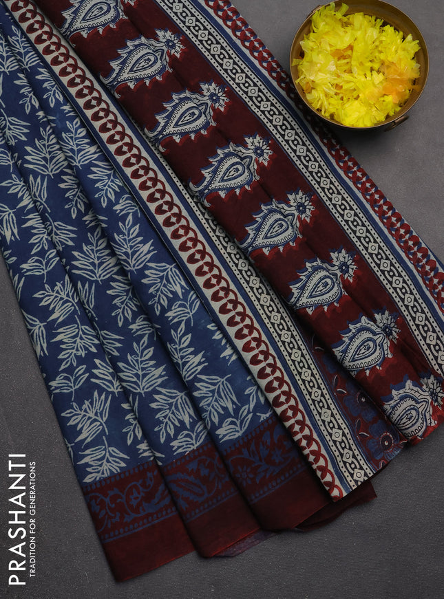 Jaipur cotton saree blue and deep maroon with allover butta prints and printed border