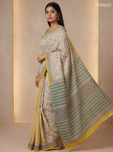 Jaipur cotton partly saree beige and mustard yellow with allover prints and printed border