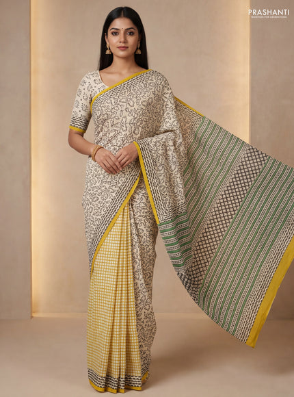 Jaipur cotton partly saree beige and mustard yellow with allover prints and printed border