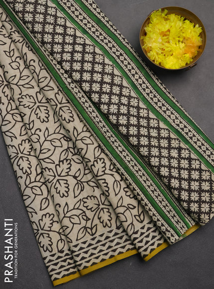 Jaipur cotton partly saree beige and mustard yellow with allover prints and printed border