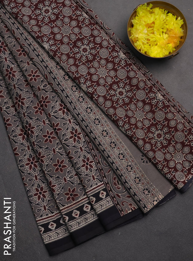 Jaipur cotton saree grey and black with allover prints and printed border