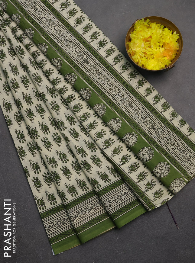 Jaipur cotton saree cream and green with allover butta prints and printed border