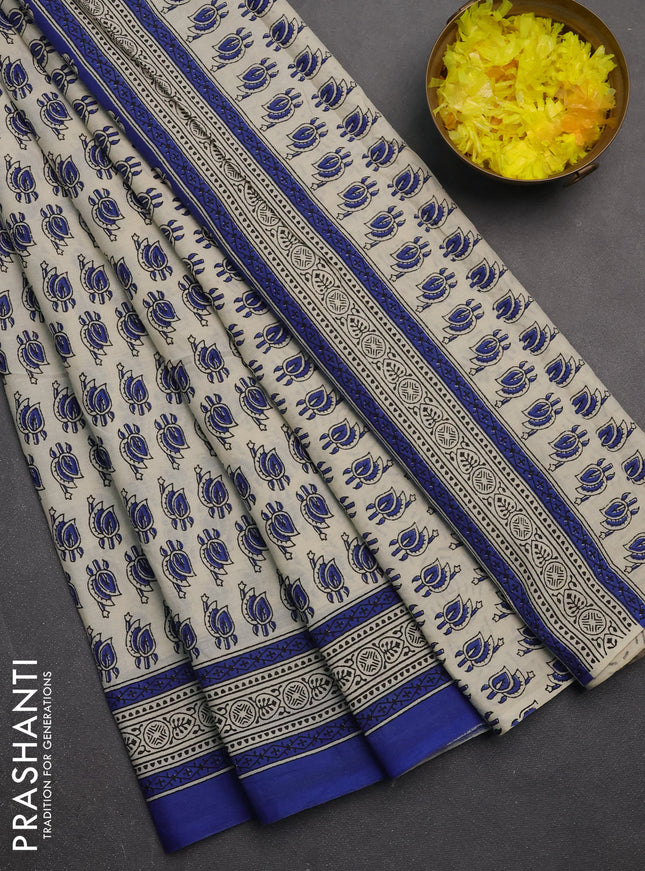 Jaipur cotton saree beige and blue with allover butta prints and printed border