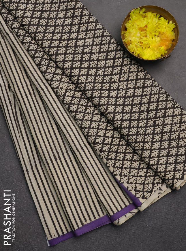 Jaipur cotton saree beige and purple with allover stripe pattern and piping border