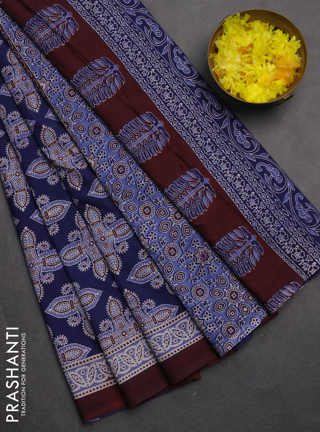 Jaipur cotton saree blue and maroon with allover ajrakh prints and printed border