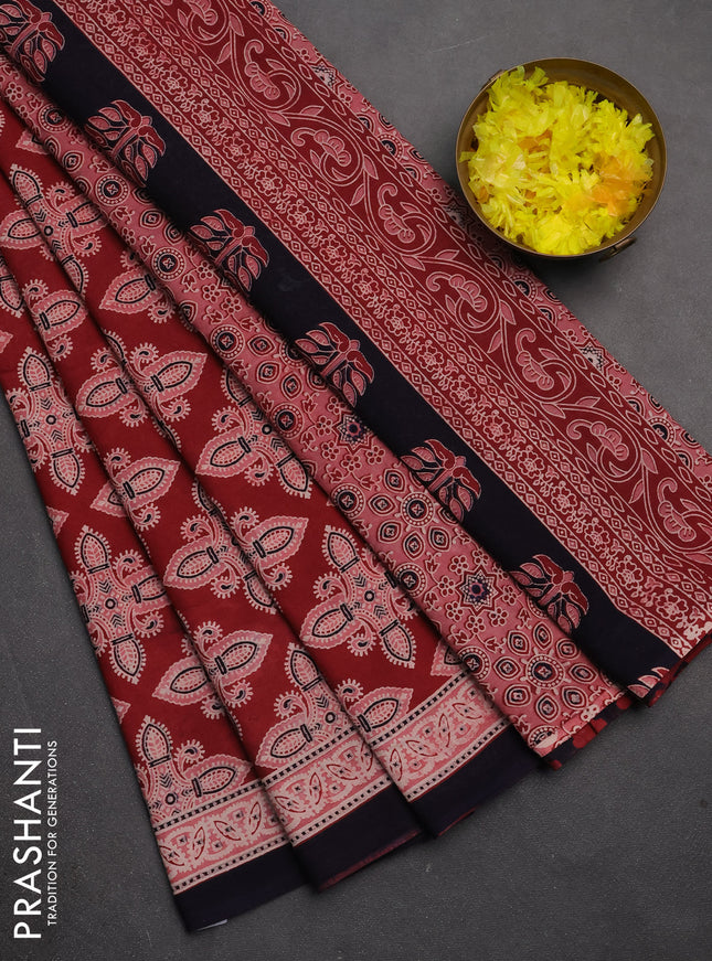 Jaipur cotton saree maroon and black with allover ajrakh prints and printed border