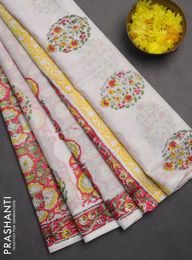 Jaipur cotton saree off white pink and yellow with butta prints and printed border