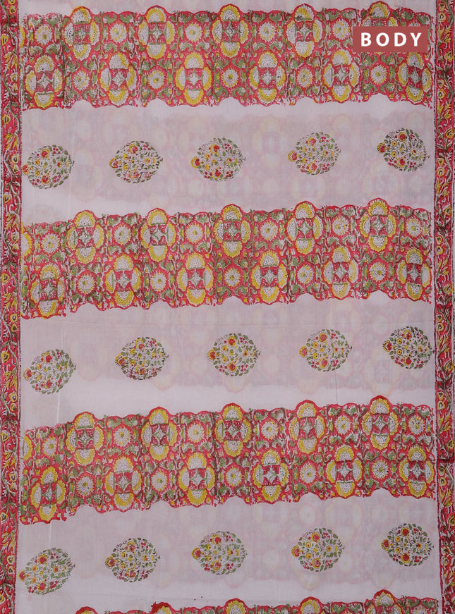 Jaipur cotton saree off white pink and yellow with butta prints and printed border