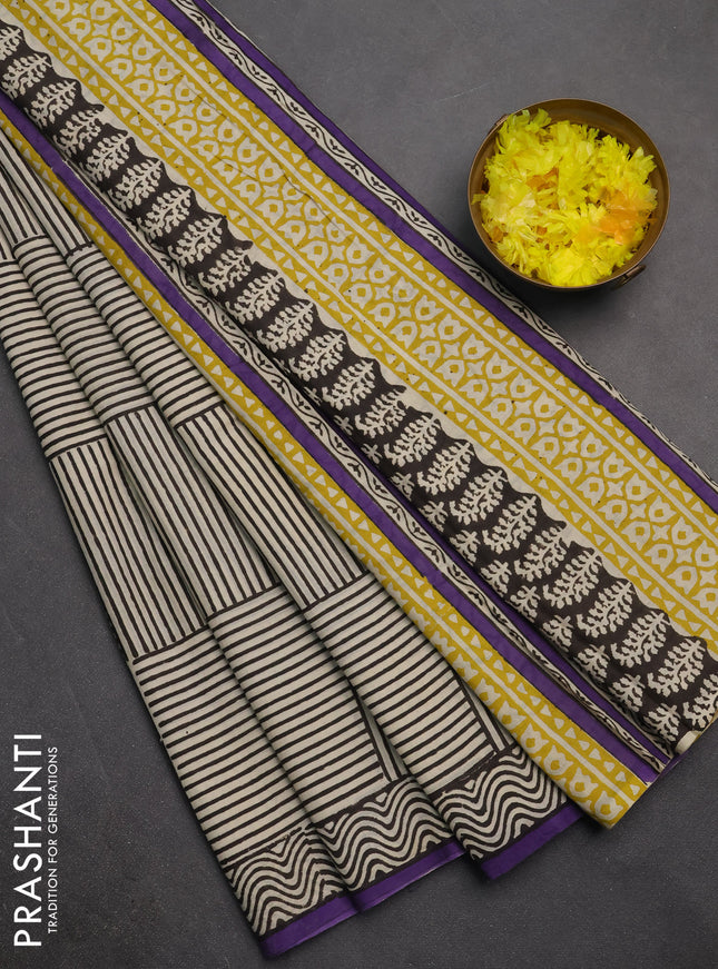 Jaipur cotton saree beige and purple with allover geometric prints and printed border