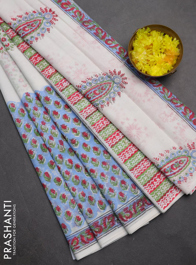 Jaipur cotton saree off white and blue with floral butta prints and long floral butta printed border