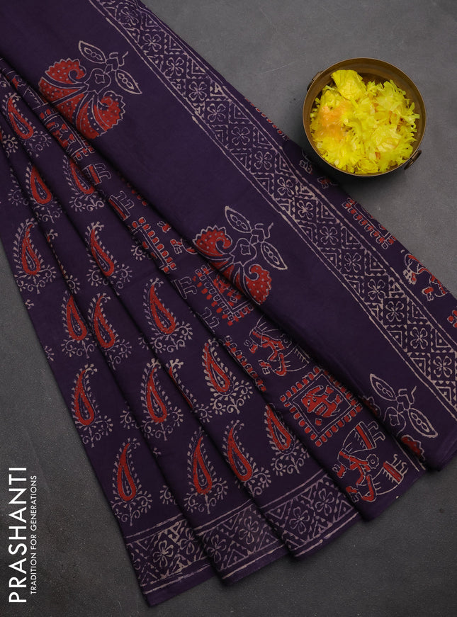 Jaipur cotton saree deep purple with allover paisley butta prints and printed border