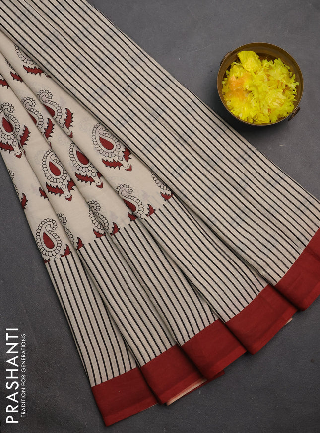 Jaipur cotton saree beige and brown with allover butta prints and long printed border