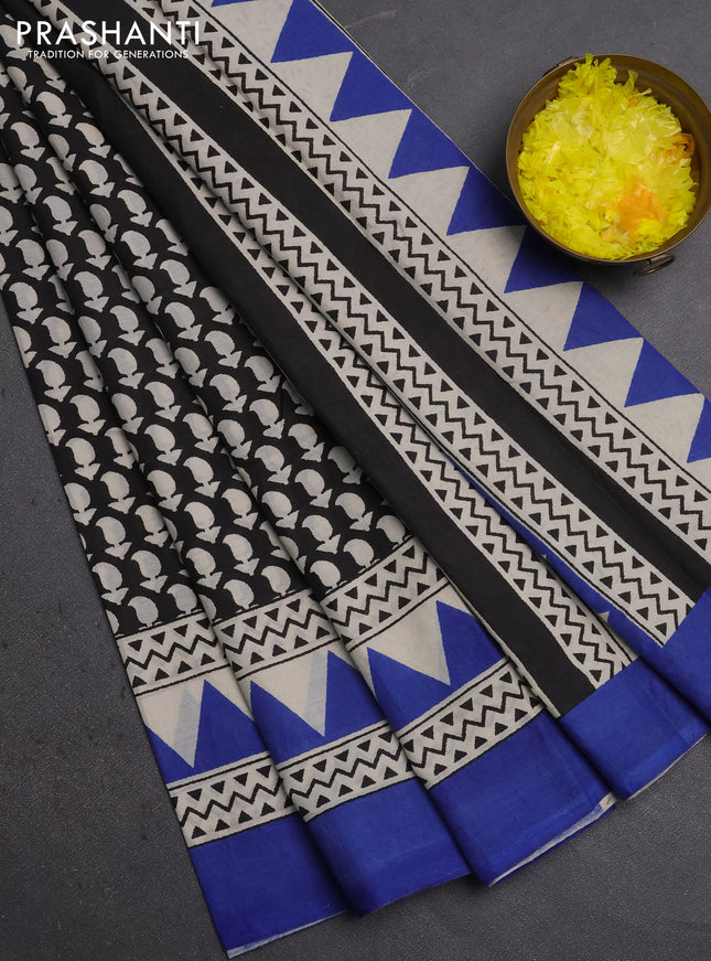 Jaipur cotton saree black and blue with allover butta prints and printed border