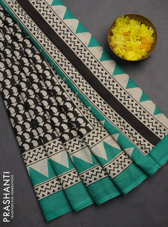 Jaipur cotton saree black and teal green with allover butta prints and printed border