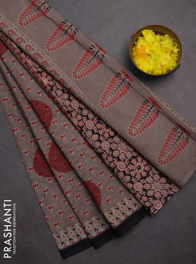 Jaipur cotton saree grey and black with geometric prints and printed border