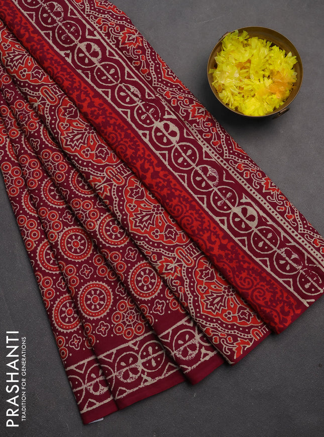 Jaipur cotton saree wine shade with allover ajrakh prints and printed border