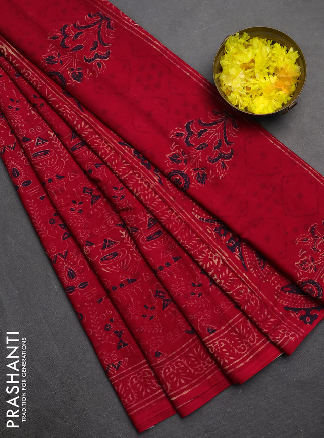 Jaipur cotton saree red with allover warli prints and printed border