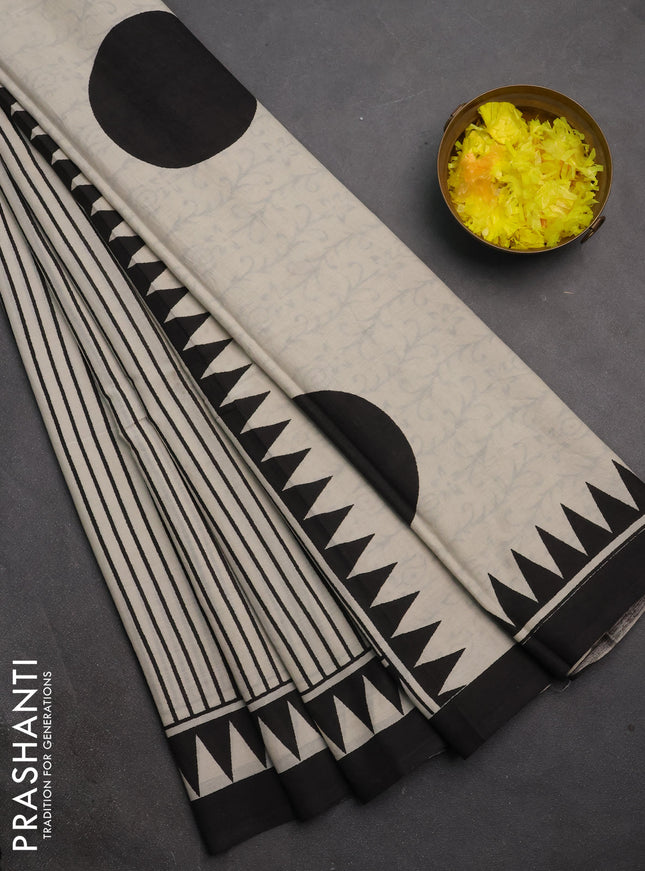 Jaipur cotton saree off white and black with allover stripe pattern and printed border