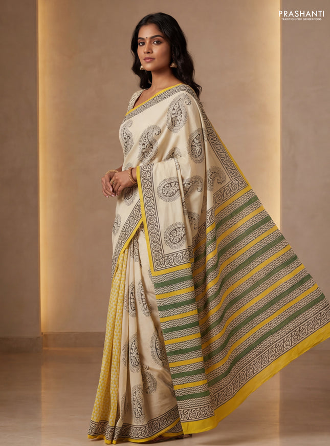 Jaipur cotton patly saree beige and mustard yellow with allover paisley butta prints and printed border