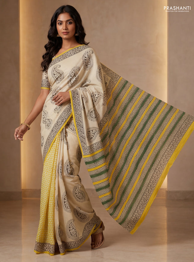 Jaipur cotton patly saree beige and mustard yellow with allover paisley butta prints and printed border