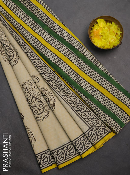 Jaipur cotton patly saree beige and mustard yellow with allover paisley butta prints and printed border
