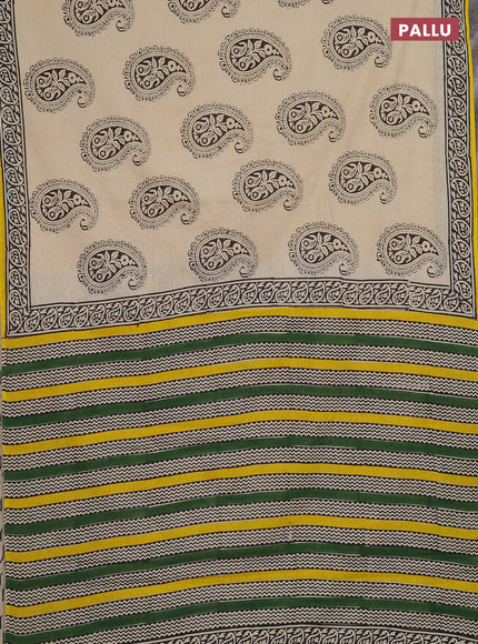 Jaipur cotton patly saree beige and mustard yellow with allover paisley butta prints and printed border